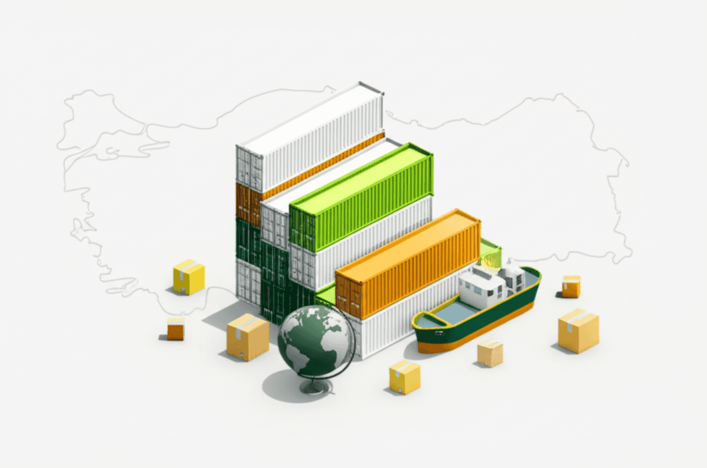 İhracat görseli — konteyner, kargo gemisi ve Türkiye haritası